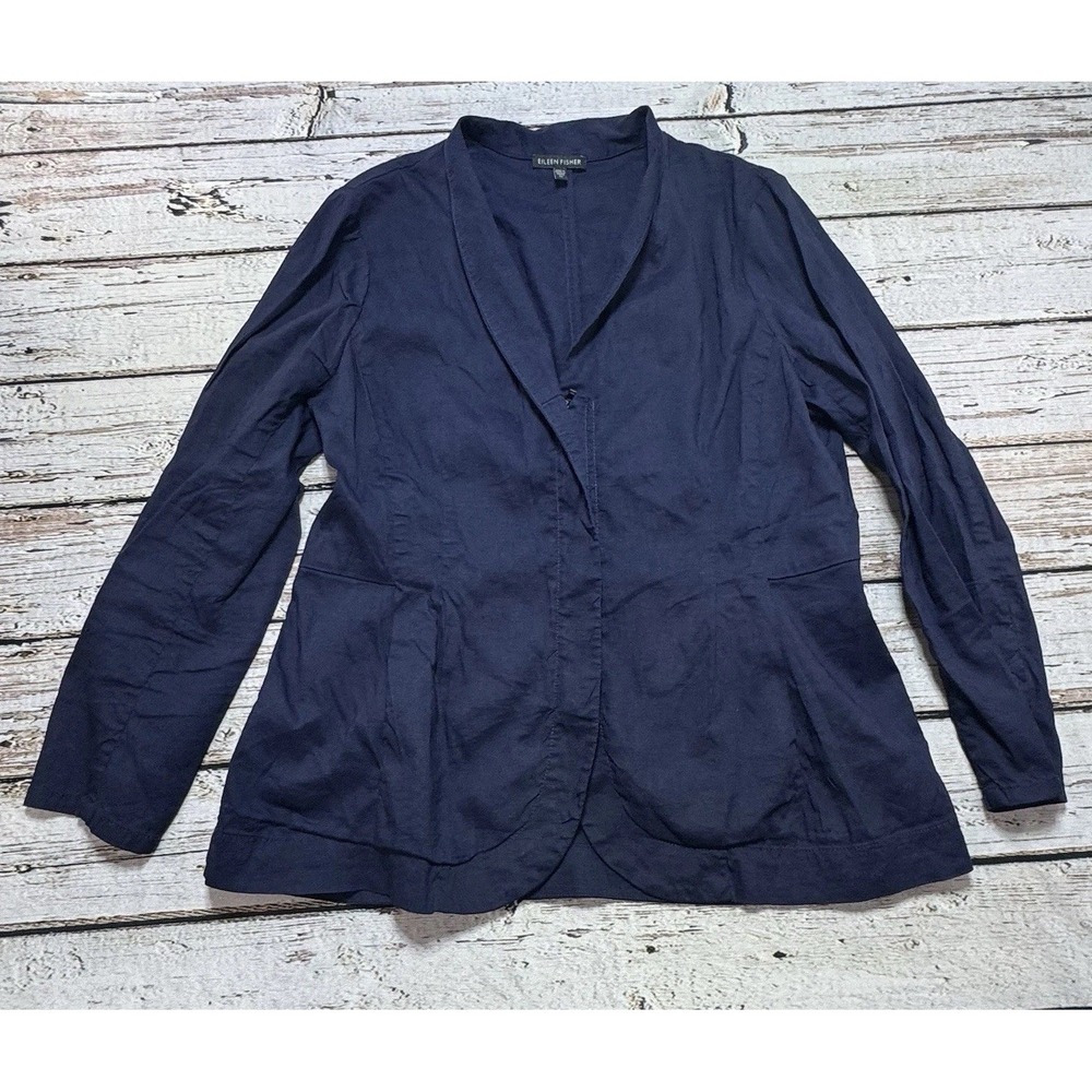 EILEEN FISHER Jacket Blazer Linen Viscose Blend Stretch Zip Up Navy Blue M